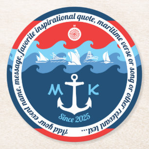 Monogramen ankrar rött vitt blått nautiskt för underlägg papper rund