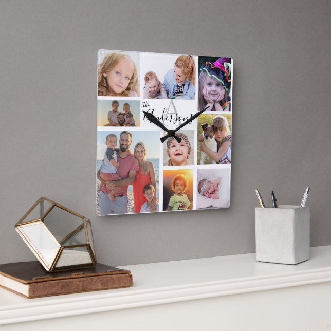 Monogramfamilj åtta foto anpassad fyrkantig klocka (Kontor)