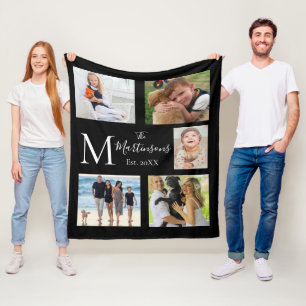 Monogramfamiljens fem fotokollage fleecefilt
