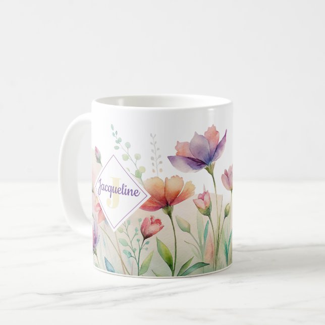Monogramfärgad Vild Flower Illustrated Coffee Kaffemugg (Framsida vänster)