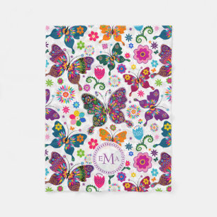 Monogramfärgade fjärilar och blommor Mönster Fleecefilt