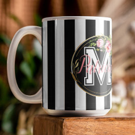Monogramfloral estetik svart & vit randig kaffemugg