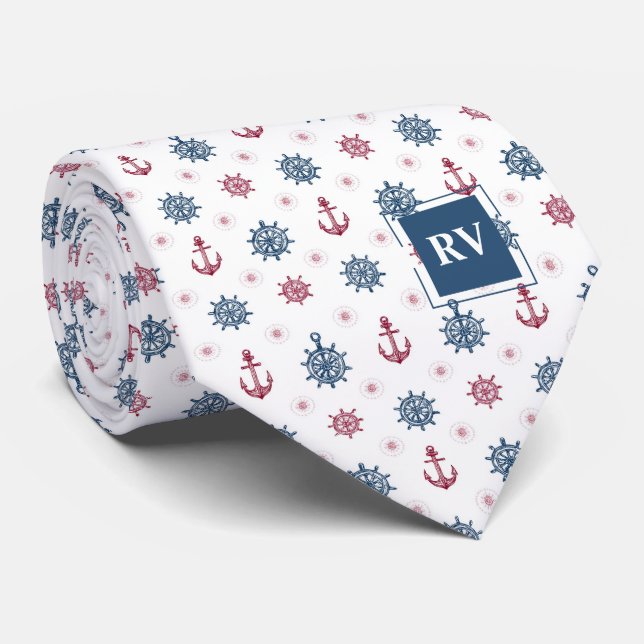 Monogramförsedda nautiska ankare och skeppshjul slips (Rullad)
