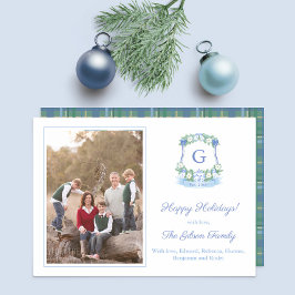 Monogramfoto för elegant, blått och vitt jul julkort