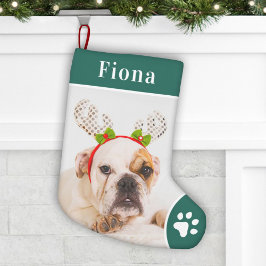 Monogramfoto för Festive Grönt Pet Paw-utskrift Liten Julstrumpa