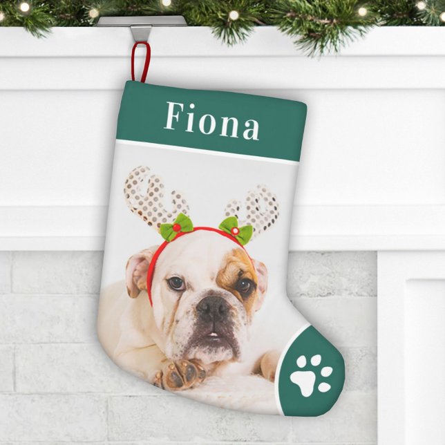 Monogramfoto för Festive Grönt Pet Paw-utskrift Liten Julstrumpa (Skapare uppladdad)