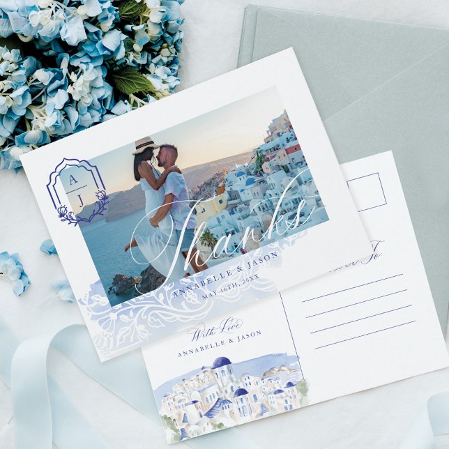 Monogramfoto för grekiska Tack-skript Vykort (Greece Wedding Thank You Script Monogram Photo Postcard)