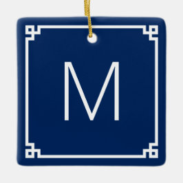 Monogramfoto för marin och vit grekisk Nyckel-Grän Julgransprydnad Keramik