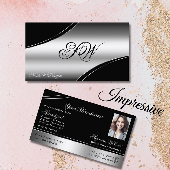 Monogramfoto från Luxury Black Silver Curved Linje Visitkort (Skapare uppladdad)