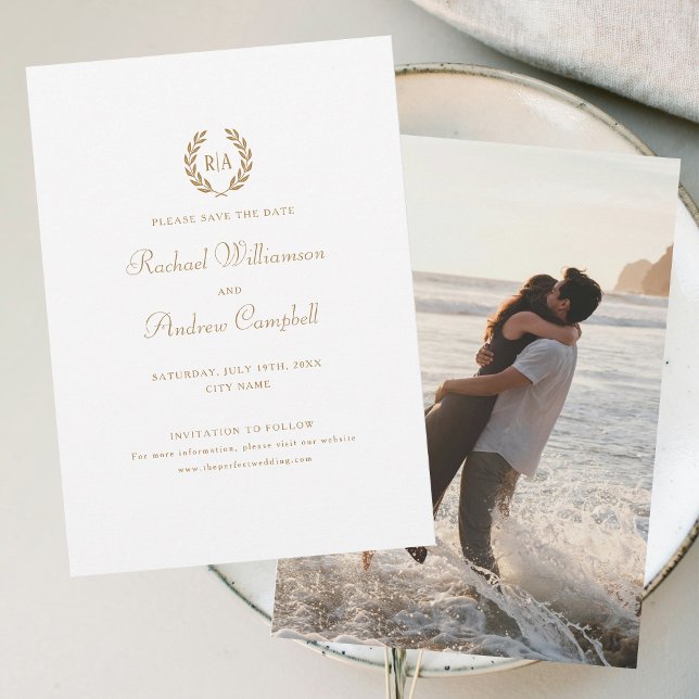 Monogramfoto Spara datum Bröllop Guld vit Inbjudningar (Skapare uppladdad)