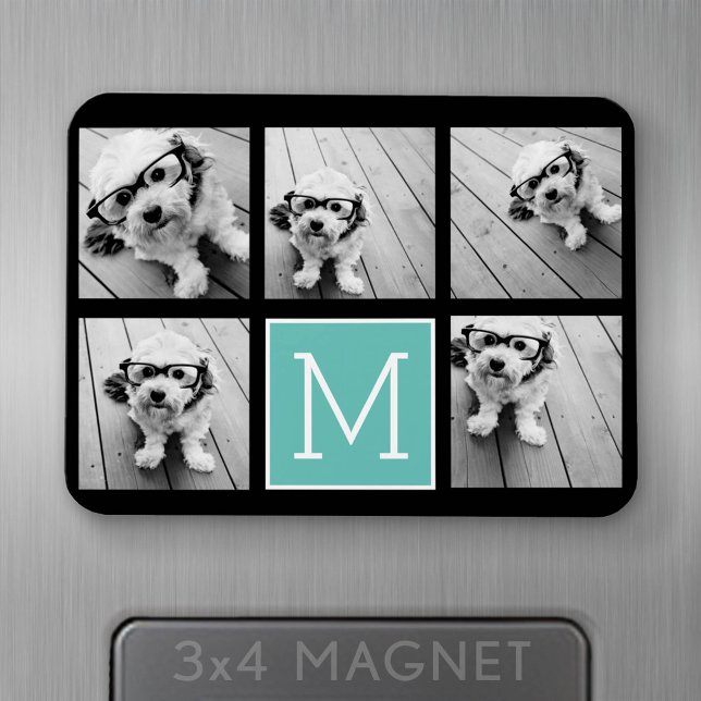 Monogramfotomontage - Upp till 5 foton Svart Magnet (Personalized fridge magnet - add photos and custom text)