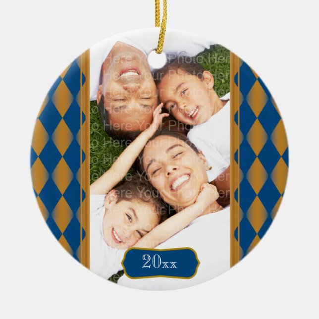 MonogramHarlequin: Blått & guld Julgransprydnad Keramik (Framsidan)