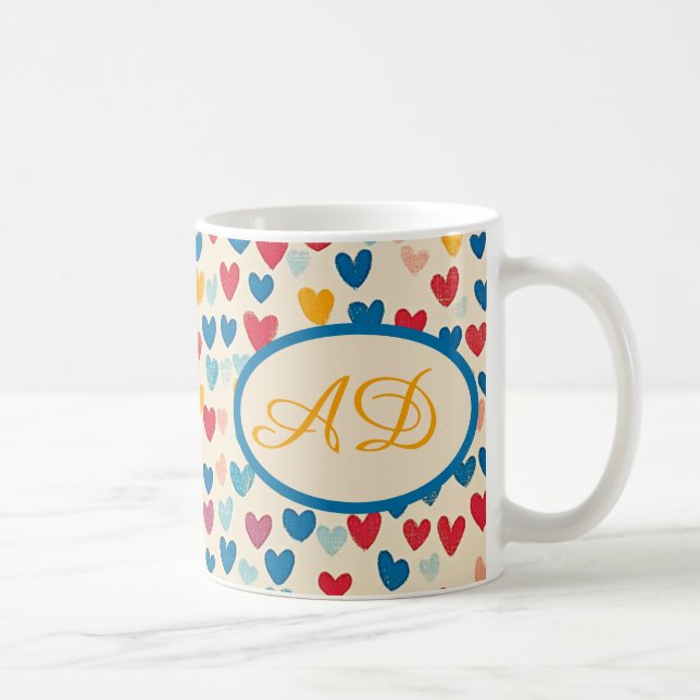 Monogramhjärtan, klumpgåva, färgstark och modern. kaffemugg (Höger)