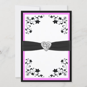 Monograminbjudan för Rosa och svart Blommigt Inbjudningar