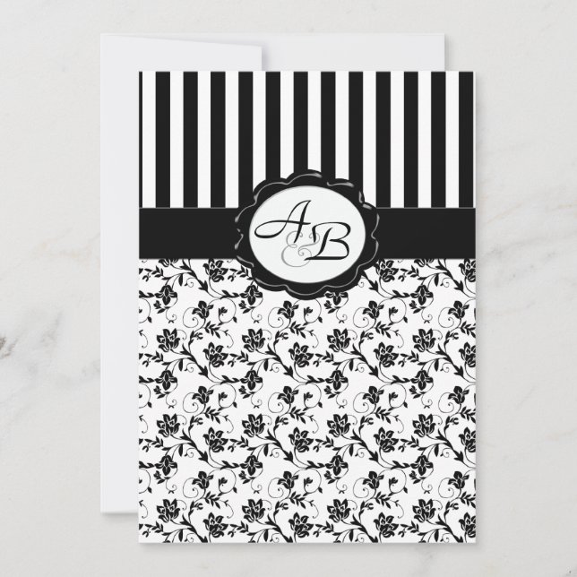 Monograminbjudan till Black and White Blommigt Ran Inbjudningar (Framsida)