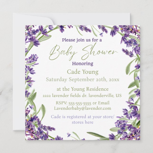 Monograminbjudan till lila Lavender Baby Shower Julkort (Framsida)
