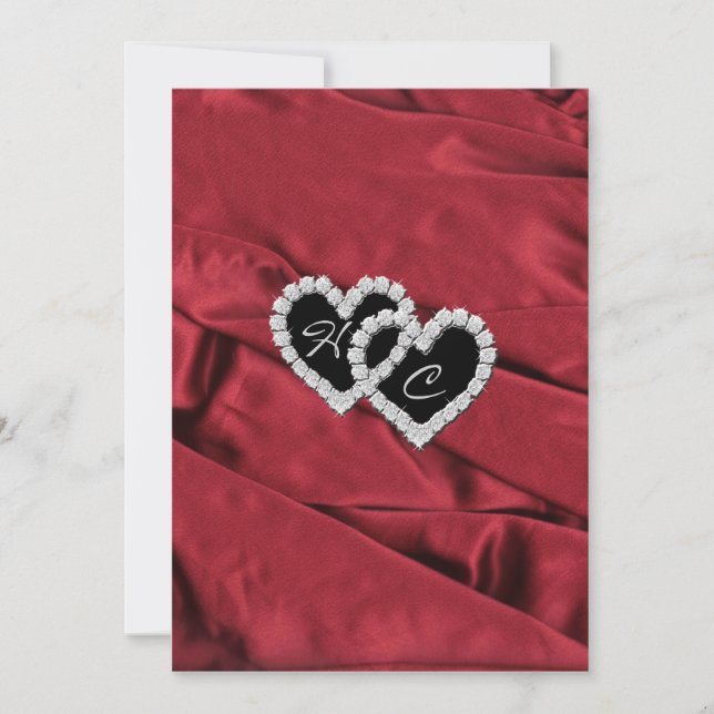 Monograminbjudan till Red Satin och Diamond Hearts Inbjudningar (Framsida)