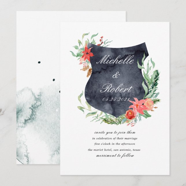 Monograminbjudan till vapensköld med rustik bröllo inbjudningar (Fram/baksida)