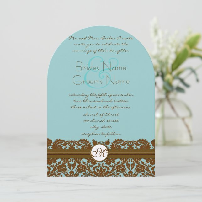 Monograminbjudningar till Mint Damask Wedding Inbjudningar (Stående Fram)