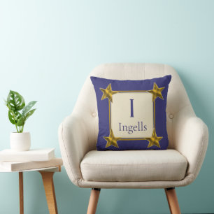 Monograminitial Blå Guld Stjärnor Bröllopsskick Kudde