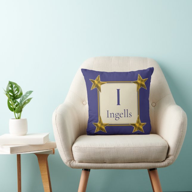 Monograminitial Blå Guld Stjärnor Bröllopsskick Kudde (Stol)
