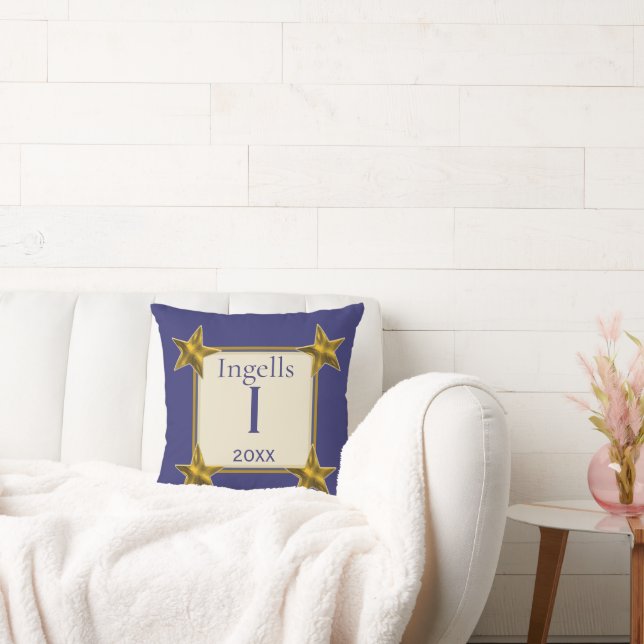 Monograminitial blå guldstjärnor Bokstav I Minne Kudde (Soffa)