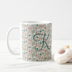 Monograminitial rosa gröna akvarellblommor kaffemugg
