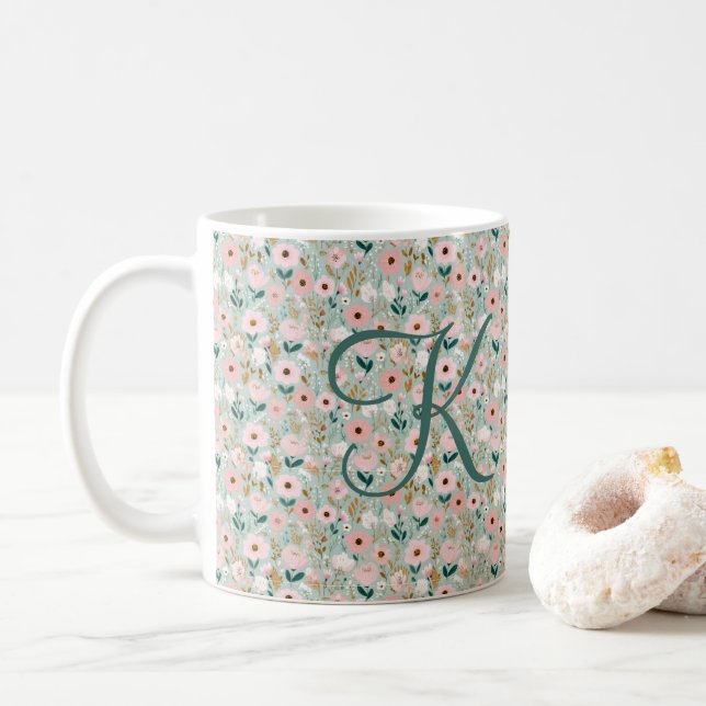 Monograminitial rosa gröna akvarellblommor  kaffemugg (Med munk)