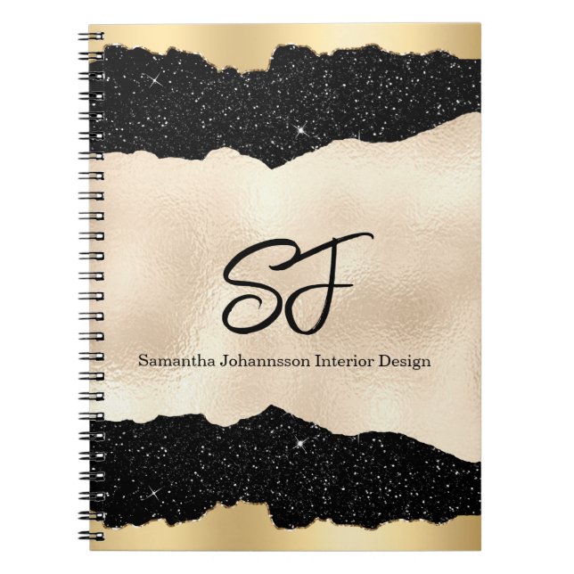 Monograminitialer i lyxigt svart och guld anteckningsbok (Framsidan)