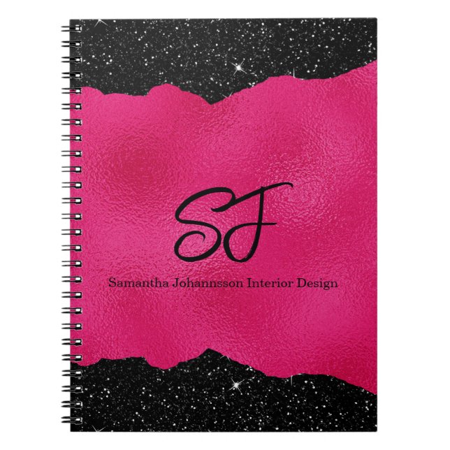 Monograminitialer på lyxigt svart och varmt rosa anteckningsbok (Framsidan)