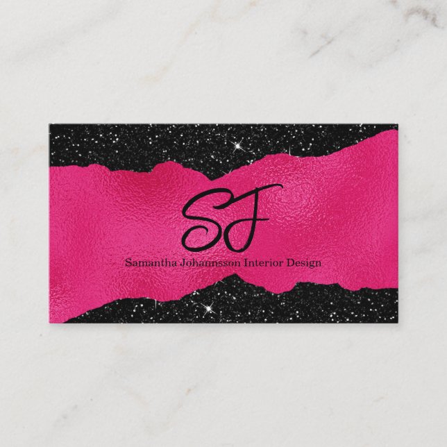 Monograminitialer på lyxigt svart och varmt rosa visitkort (Framsida)