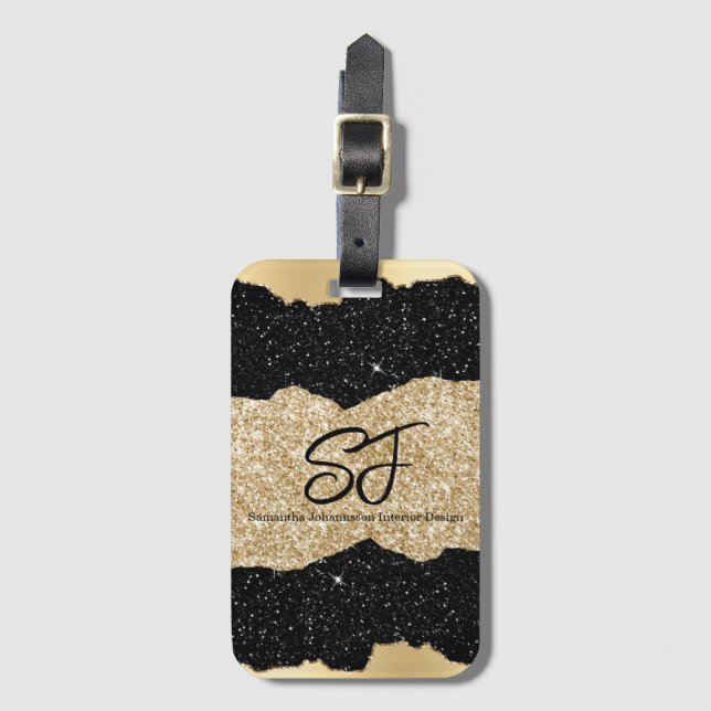 Monograminitialer på svart och guldglitter bagagebricka (Framsida vertikal)