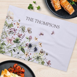 Monogramiserade akvarell lila vildblommor kökshandduk