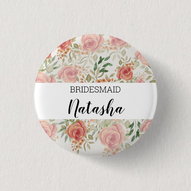 Monogramiserade Orange Blush Rosor Vattenfärg Knapp (Framsida)