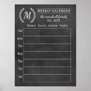 Monogramkalender för familjen Chalkboard-vecka Poster
