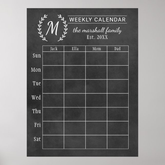 Monogramkalender för familjen Chalkboard-vecka Poster (Framsidan)