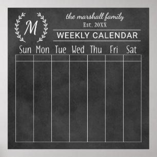Monogramkalender för familjen Chalkboard-vecka Poster