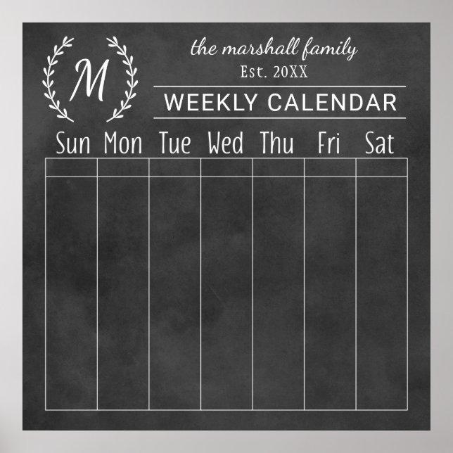 Monogramkalender för familjen Chalkboard-vecka Poster (Framsidan)