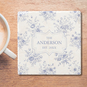 Monogramklassiska blå blommor blommönster stenunderlägg