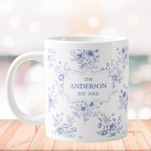 Monogramklassiska blå blommor blomster mönster jumbo mugg