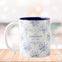 Monogramklassiska blå blommor blomstermönster Två-Tonad mugg
