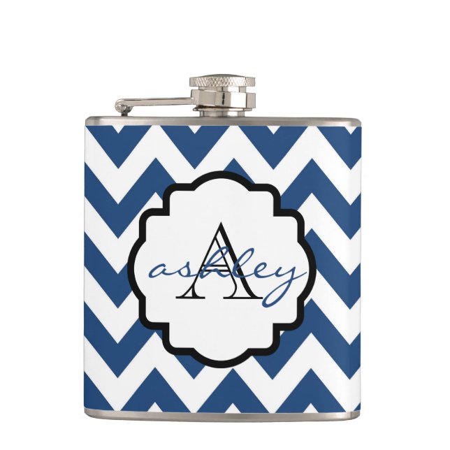 Monogramkolv med marin blå och vit Chevron Fickplunta (Framsidan)