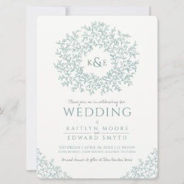 Monogramkonst av grönt hand plockade löv i bröllop inbjudningar