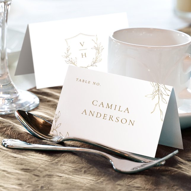 Monogramkort för botanisk vapensköld i guld bordsnummer (Gold simple botanical crest monogram place card)