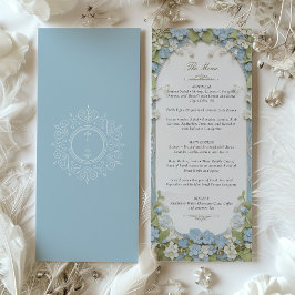 Monogramkort för elegant Dusty Blue & White Blommi Inbjudningar