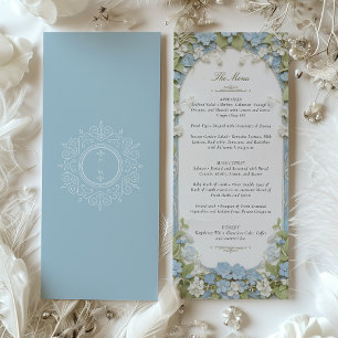 Monogramkort för elegant Dusty Blue & White Blommi Inbjudningar