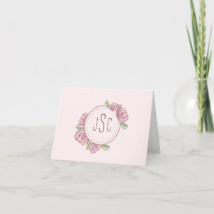 Monogramkort för ljus rosa Blommigt, uppsättning m Tack Kort