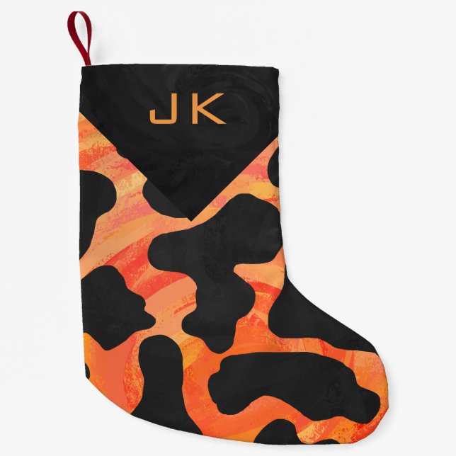 Monogramkosvart och orange tryckmönster liten julstrumpa (Framsidan)