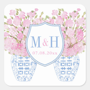 Monogramkvadrat med Rosa och blå Bröllop Vapensköl Fyrkantigt Klistermärke