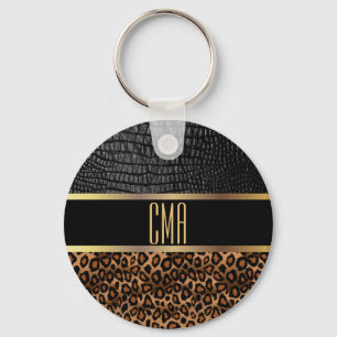 Monogramläder och leopard Mönster Nyckelring